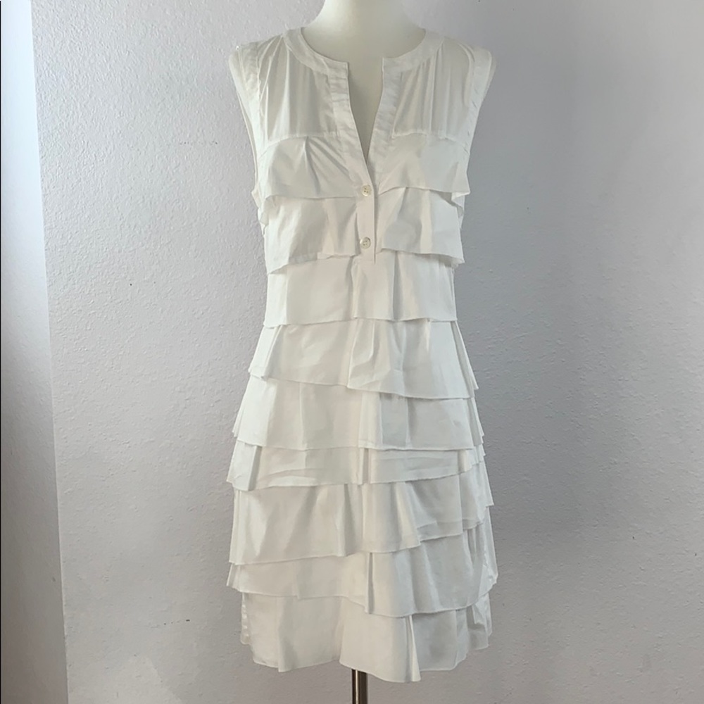BCBGMAXAZRIA white poplin tiered ruffle sleeveless shift mini dress